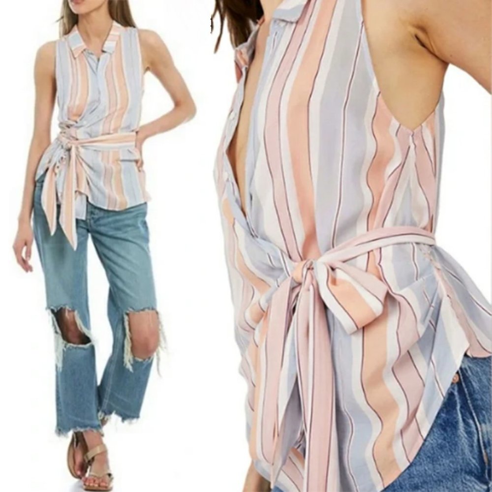 NWT Free People Mackenzie Pink-Apricot Striped Sleeveless Wrap Tie Top